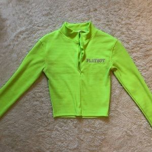 Playboy misguided neon green crop top long sleeve ribbed